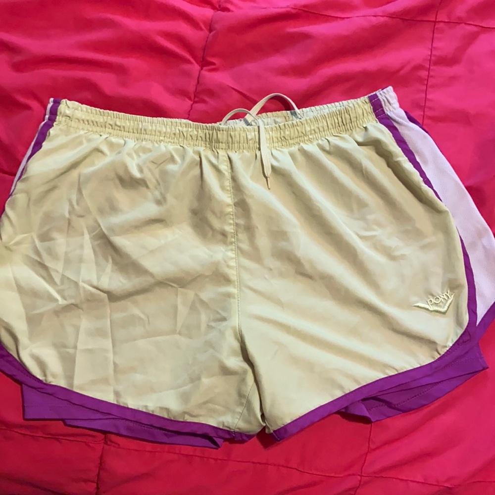 Yellow and purple athletic shorts